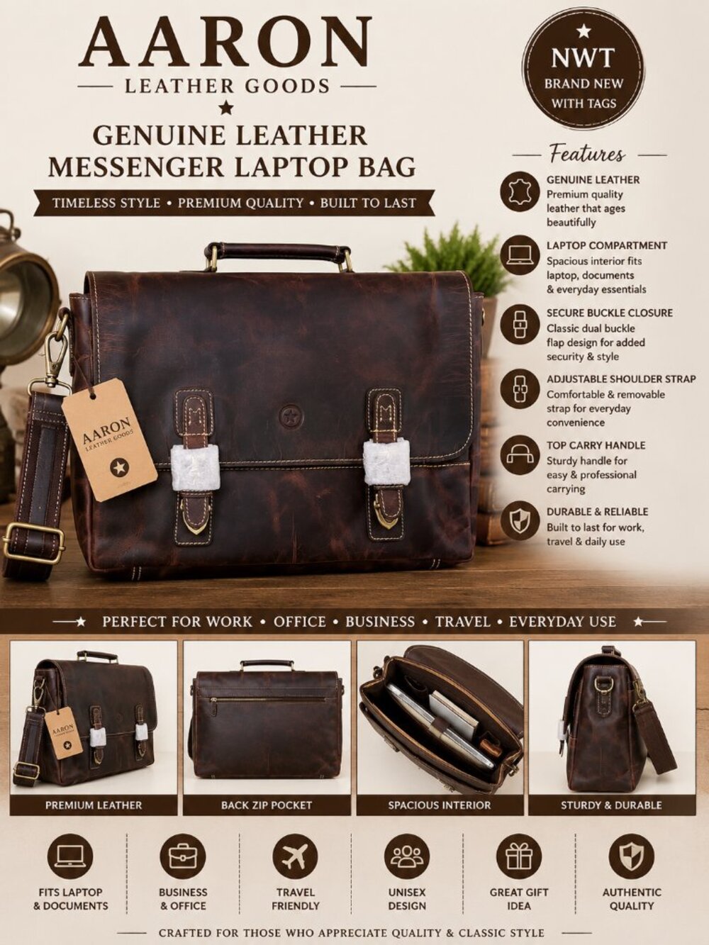 NWT Aaron Leather Goods Genuine Leather Messenger Laptop Briefcase Dark Brown